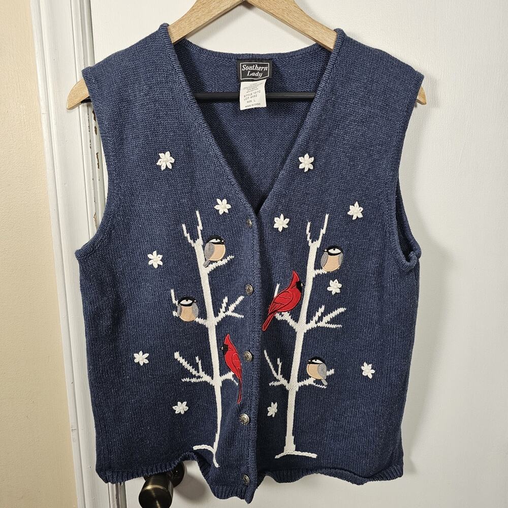 Southern Lady Sweater Vest Women Vintage Denim Blue Cardinal Winter Snow Retro L
